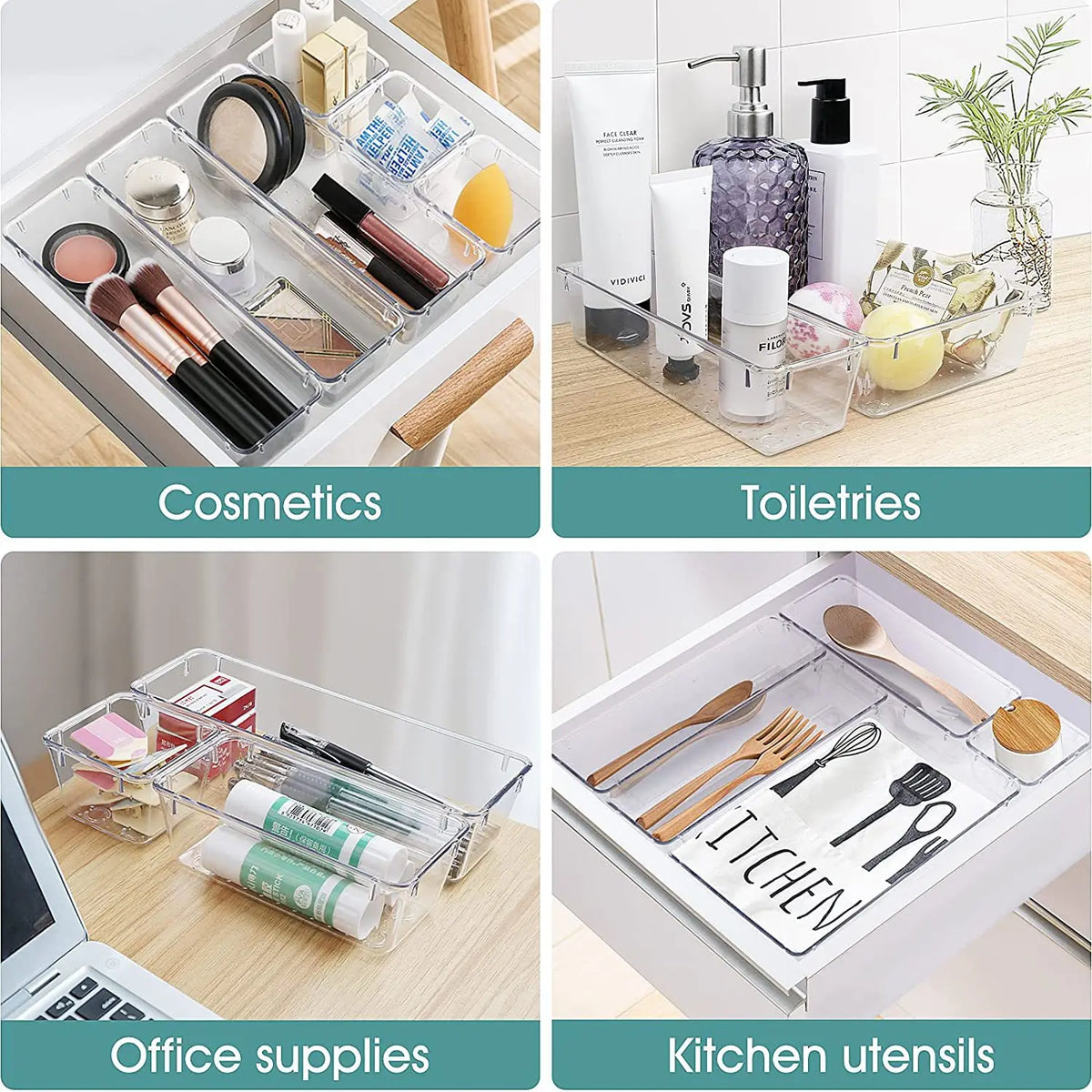 Clear Drawer Organizers Set Plastic Storage Bins