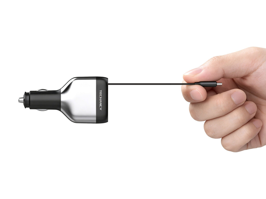 Carregador de Isqueiro para Carro Techancy TC6516, 84W PD, 3 Portas, Cabo USB-C Retratil de 80cm, USB-A, Preto e Prateado