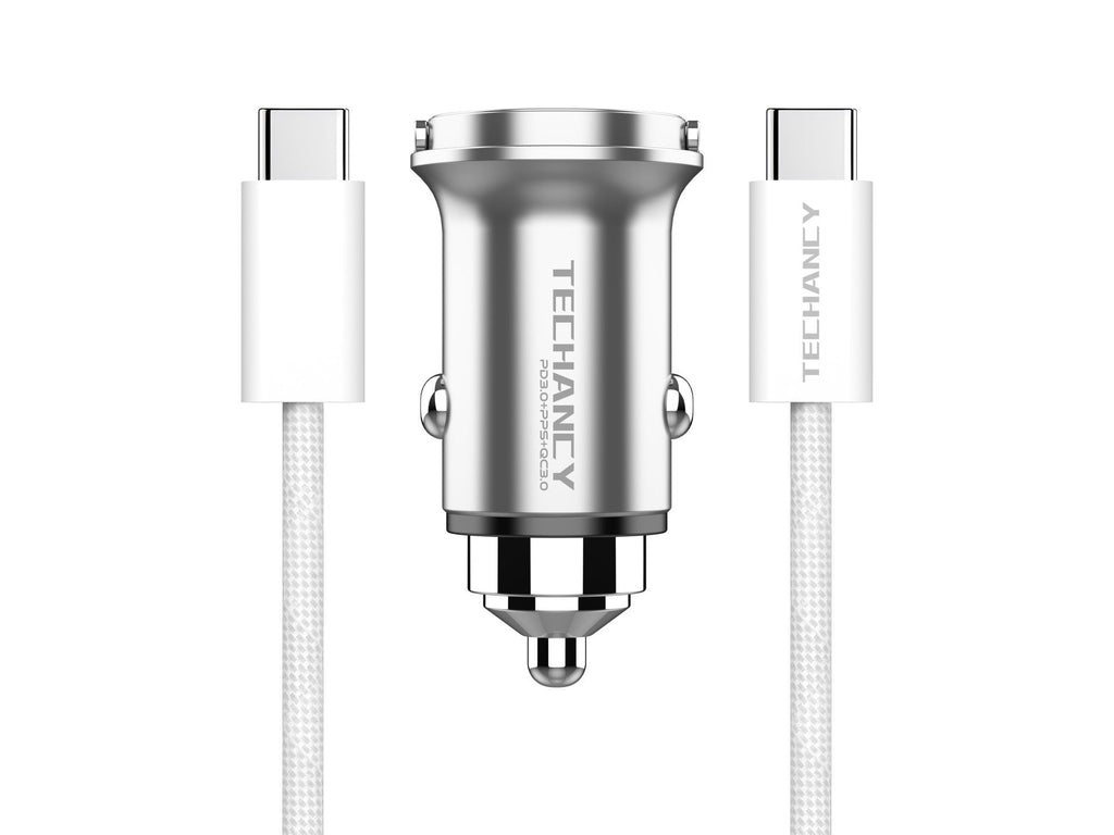 Techancy Mini Carregador TC6426, 33W, USB-A+USB-C, com Cabo USB-C para USB-C de 1m, Liga de AlumInio, Seguro e Confiavel