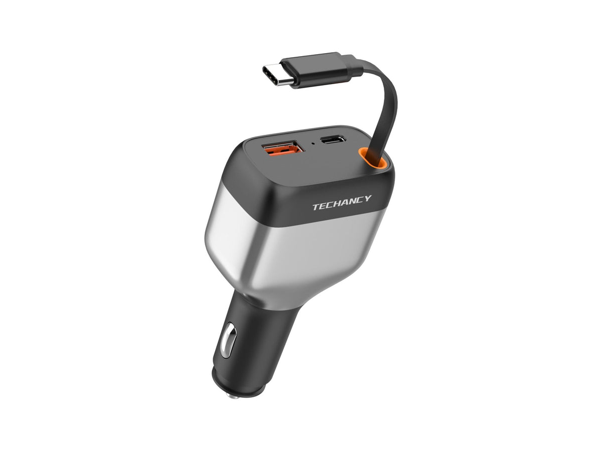 Carregador de Isqueiro para Carro Techancy TC6516, 84W PD, 3 Portas, Cabo USB-C Retratil de 80cm, USB-A, Preto e Prateado