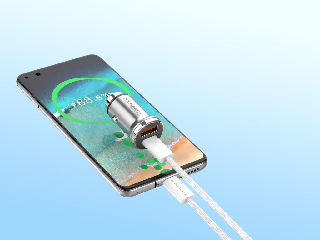Techancy Mini Carregador TC6426, 33W, USB-A+USB-C, com Cabo USB-C para USB-C de 1m, Liga de AlumInio, Seguro e Confiavel