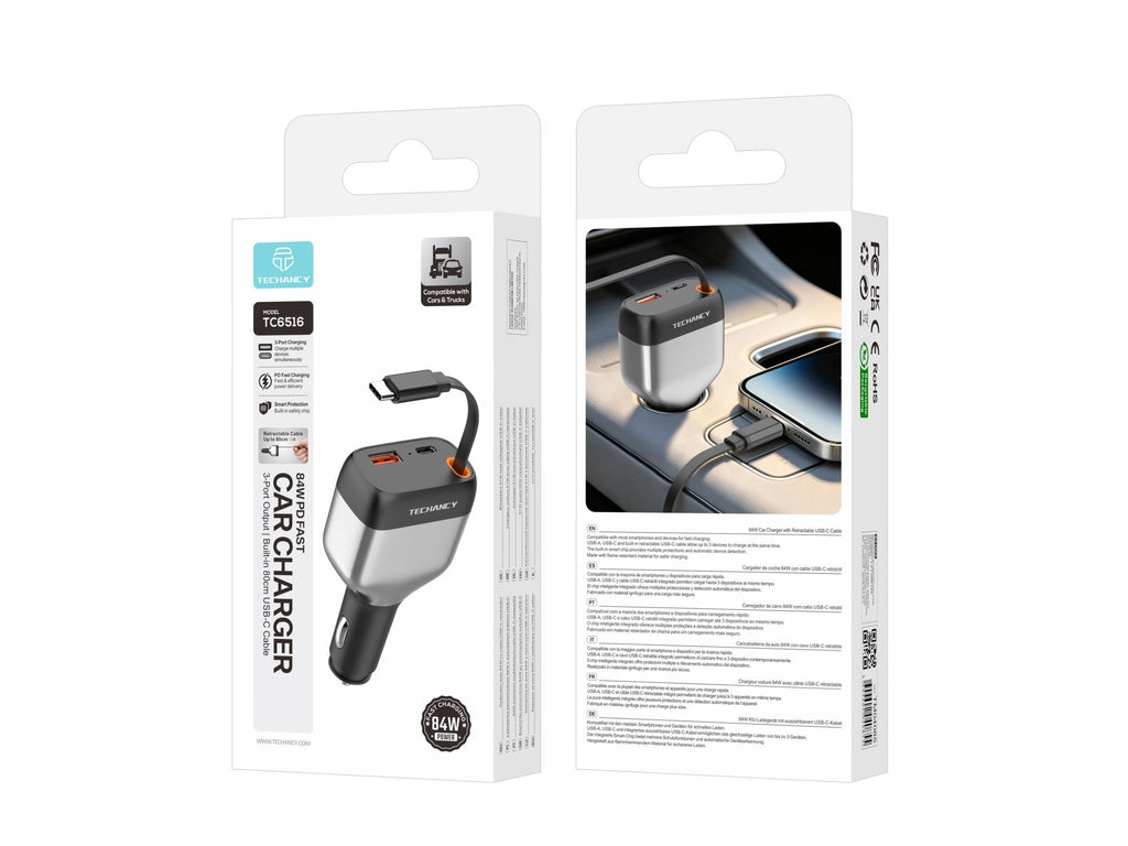 Carregador de Isqueiro para Carro Techancy TC6516, 84W PD, 3 Portas, Cabo USB-C Retratil de 80cm, USB-A, Preto e Prateado