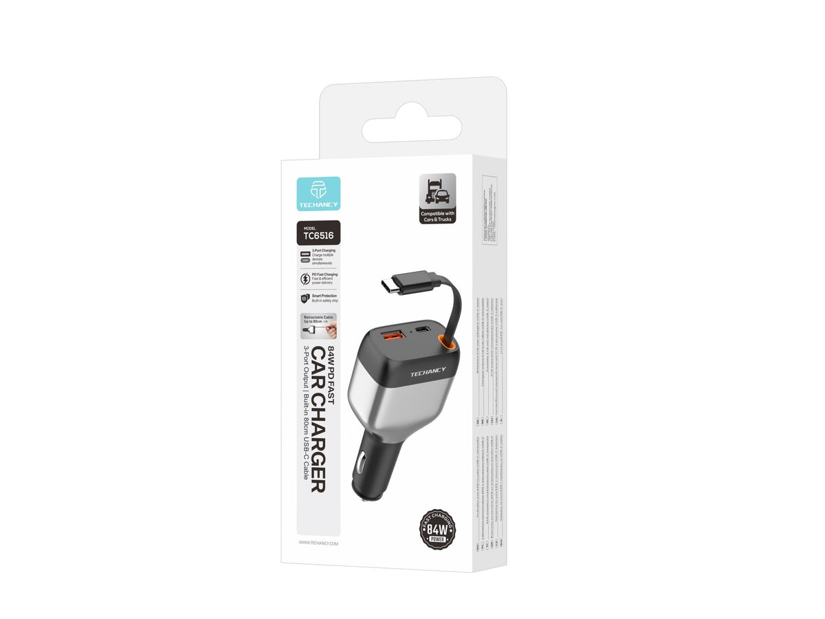Carregador de Isqueiro para Carro Techancy TC6516, 84W PD, 3 Portas, Cabo USB-C Retratil de 80cm, USB-A, Preto e Prateado