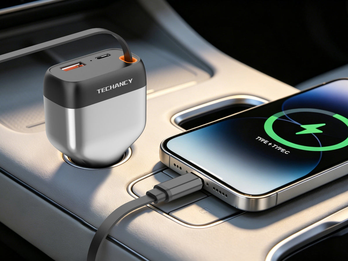 Carregador de Isqueiro para Carro Techancy TC6516, 84W PD, 3 Portas, Cabo USB-C Retratil de 80cm, USB-A, Preto e Prateado